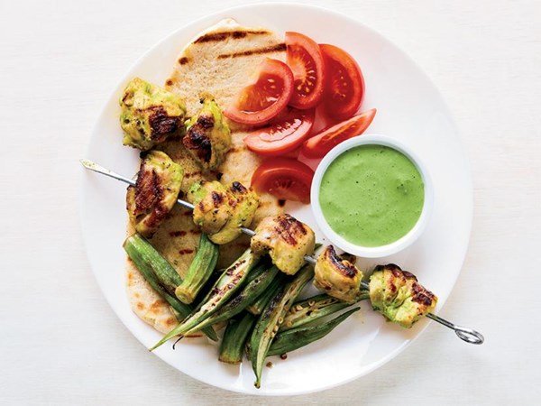 Curry-ginger chicken kababs with okra
