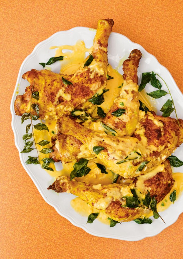 Curry leaf chicken legs with salted egg yolk sauce