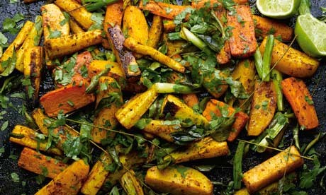 Curry roasted root vegetables with lime leaves and juice