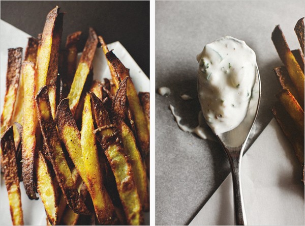 Curry spiced pommes frites + cucumber dip