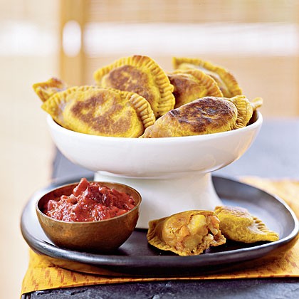 Curry-spiced samosas with plum and tomato marmalade