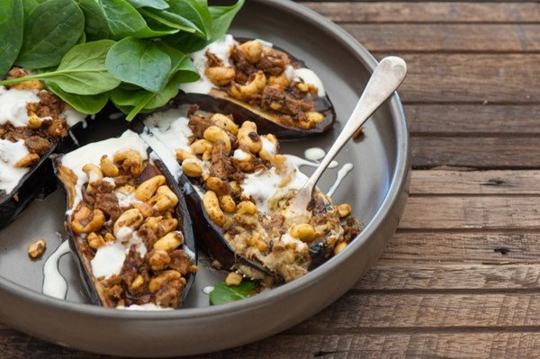 Curry stuffed eggplant with yoghurt