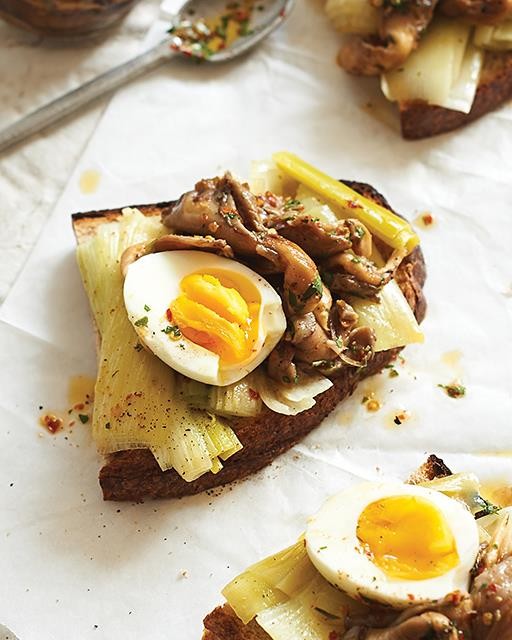 Custard egg & oyster mushroom escabeche with butter poached leeks atop country toast