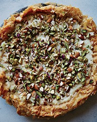 Custard phyllo pie with almonds and pistachios