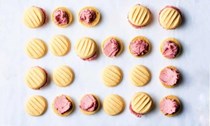 Custard Yo-Yos with roasted rhubarb icing