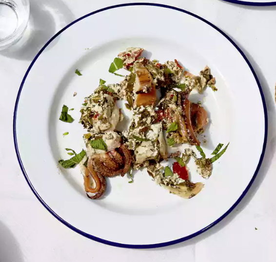 Cuttlefish stuffed with sun-dried tomatoes, anchovies, goat’s curd and sage
