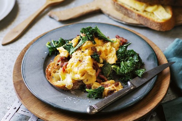 Dad's eggs with pancetta, kale and cheesy bread