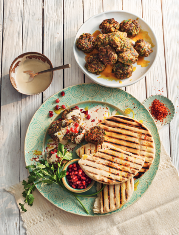 Dad's koftas with tahini and pomegranate seeds