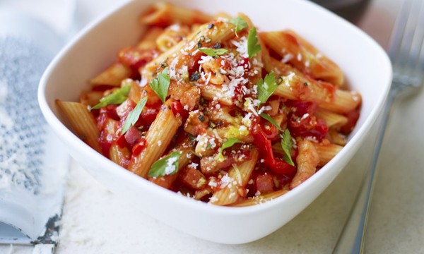 Dad's penne all'arrabbiata with crispy pancetta & basil