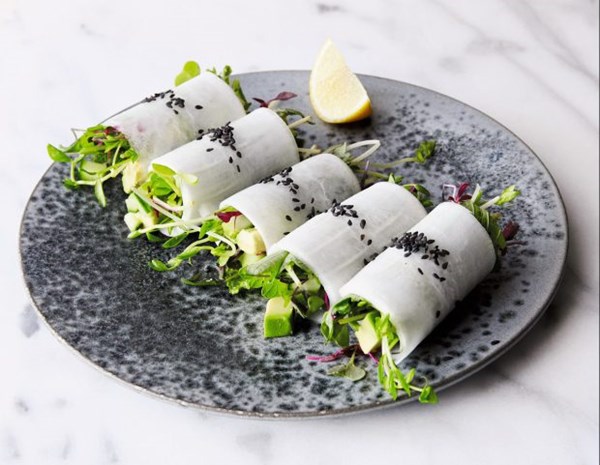 Daikon rolls with avocado and micro greens