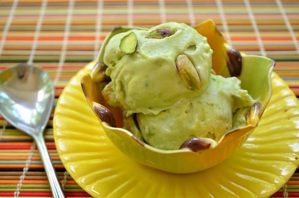 Dairy-free avocado ice cream with pistachios