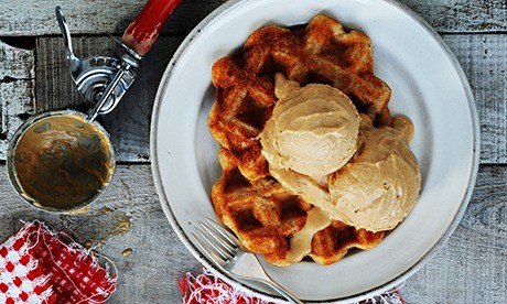 Dairy-free peanut butter ice-cream with gluten-free banana waffles