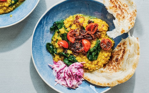 Dal with spinach and rainbow raita