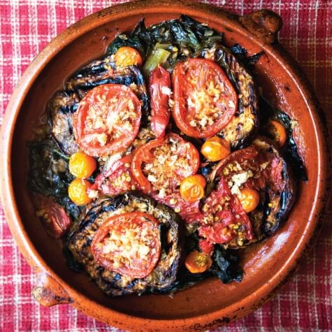 Damaged goods gratin of tomatoes, eggplant, and chard