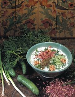 Damavand yogurt & cucumber cold soup with walnuts & rose petals