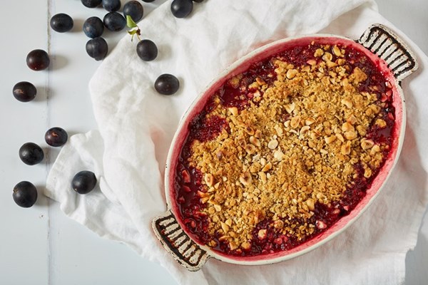  Damson crumble with hazelnut and Khorasan topping
