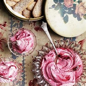 Damson fool with macaroon fingers