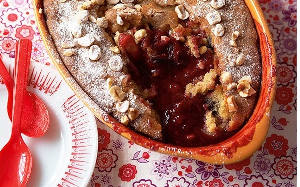 Damson, hazelnut and brown-sugar pudding