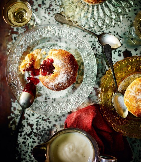 Damson roly-poly doughnut puddings with boozy custard