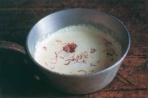 Damsons with saffron custard