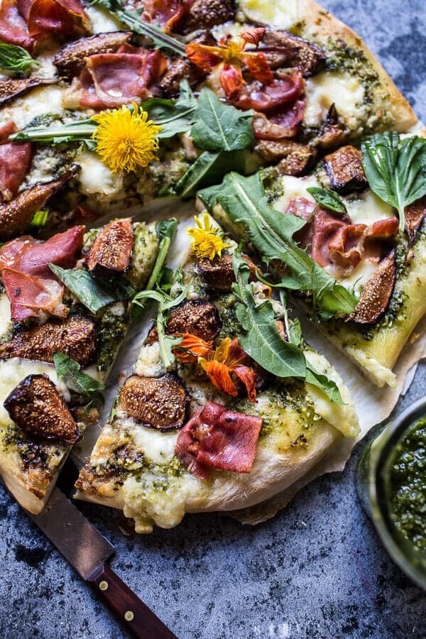 Dandelion green pesto, fresh fig and Gorgonzola pizza with prosciutto