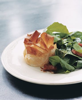 Dandelion salad with lardons and goat cheese phyllo blossoms