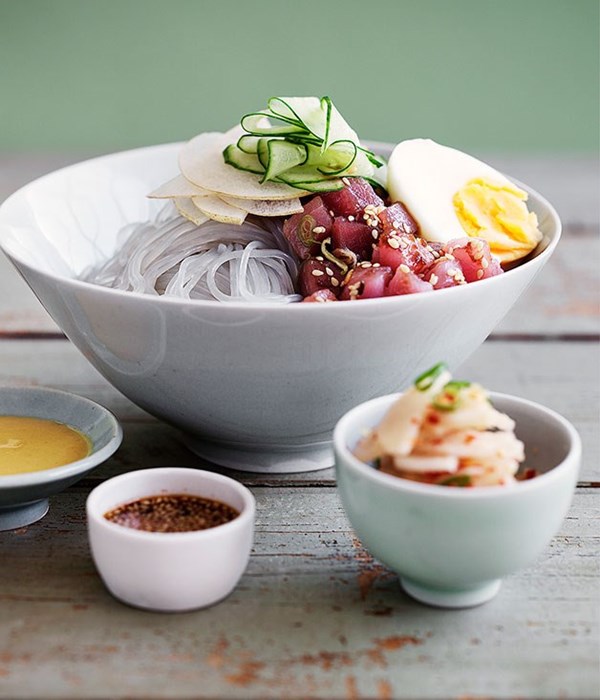 Dang myun noodles with raw tuna and kimchi daikon