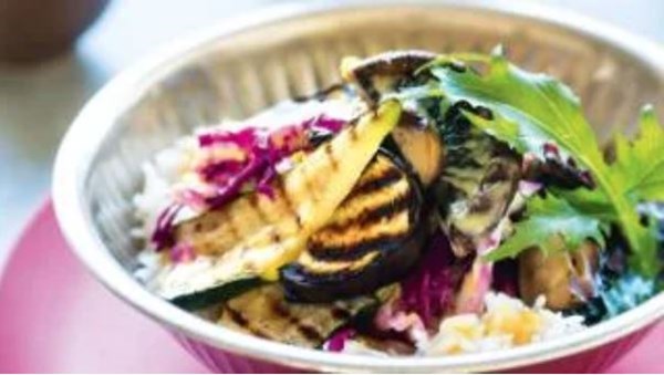 Dangaku vegetables with sesame cabbage slaw and steamed rice