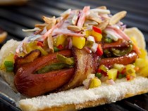 "Danger dogs" - bacon-wrapped hot dogs with spicy fruit relish