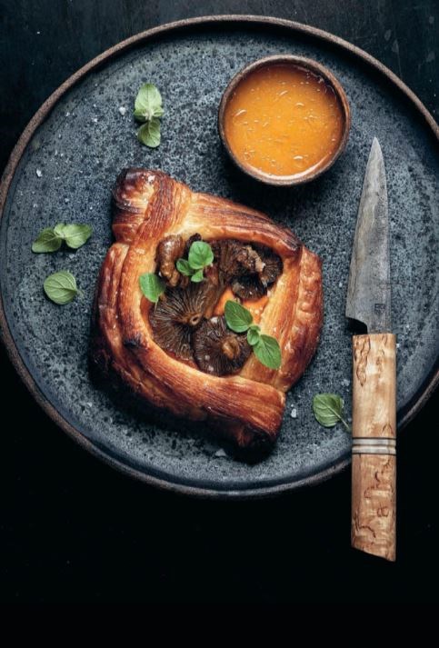 Danish pastries with sweet potato spread, winter chanterelles and fermented yellow tomato sauce