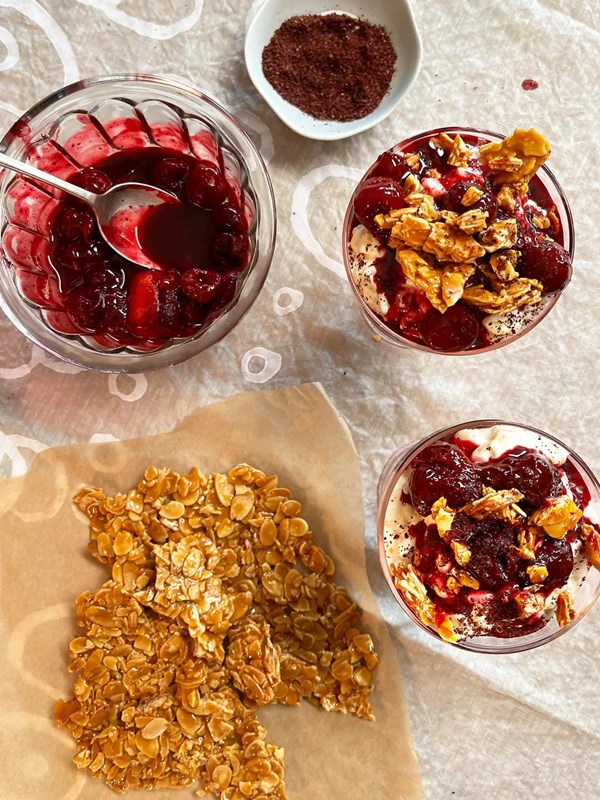 Danish rice pudding with salted almond brittle and sour sumac cherries (Risalamande)