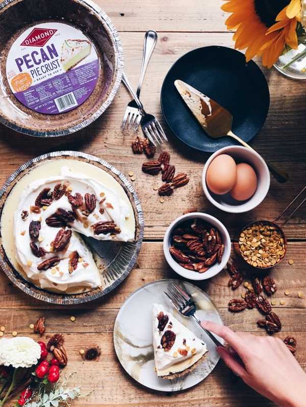 Dark and stormy cream pie in Diamond pecan nut crust