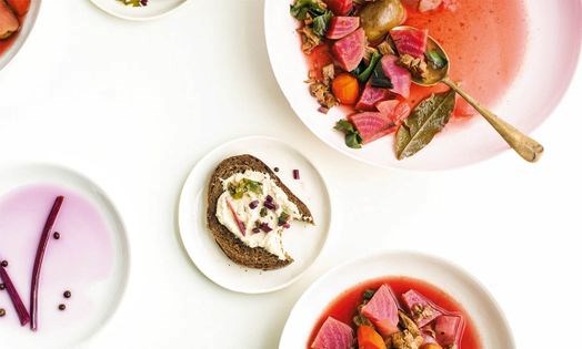 Dark bread, eggplant quark, and pickled beet stems