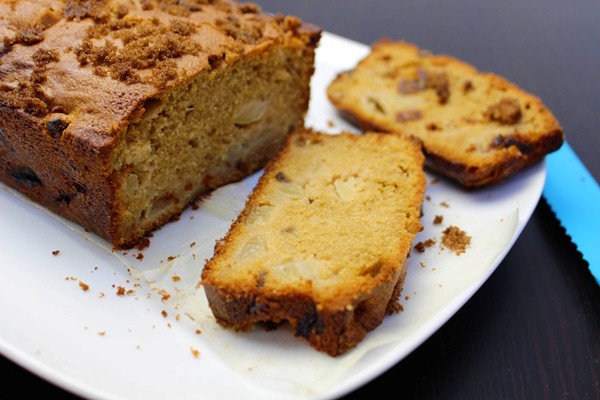 Dark brown sugar cake with apples and dried figs
