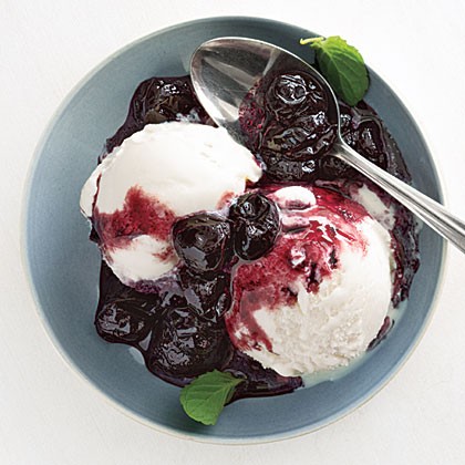 Dark cherry Merlot sauce over yogurt