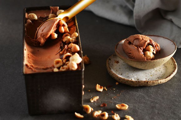 Dark chocolate & vino cotto caramel parfait with hazelnuts