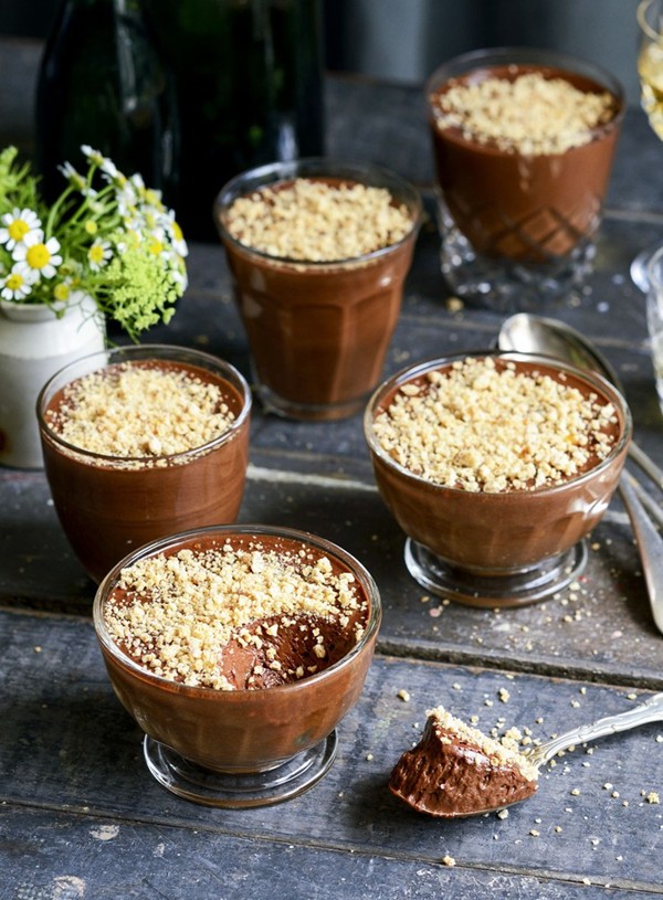 Dark chocolate Amaretto mousses with amaretti crumbs