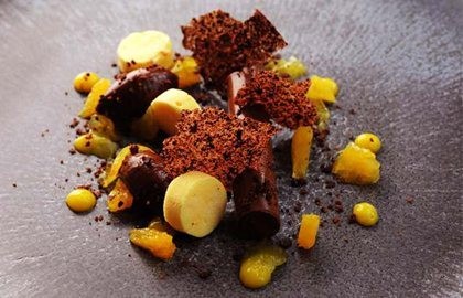 Dark chocolate and orange ganache, orange parfait and cocoa nib tuille