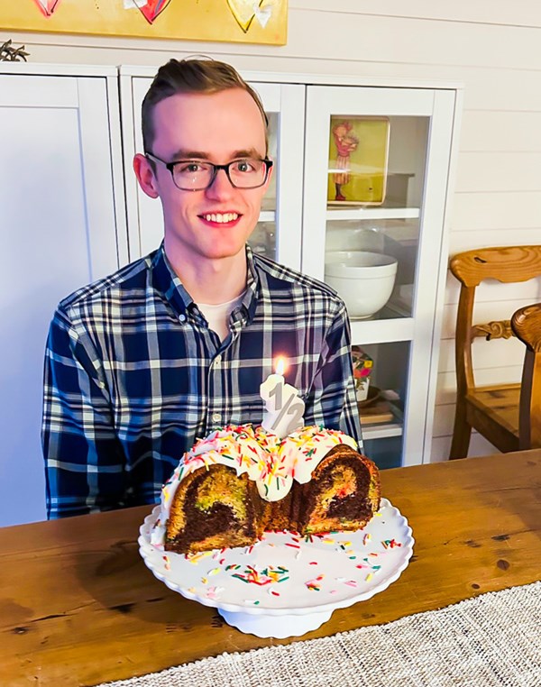 Dark chocolate and vanilla sprinkle marbled half-birthday bundt cake