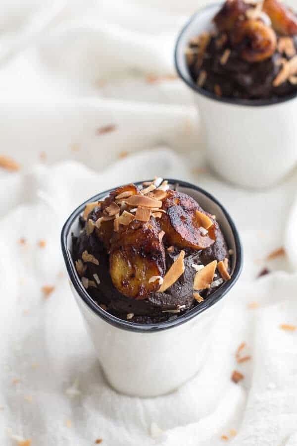 Dark chocolate avocado mousse with coconut caramelized bananas