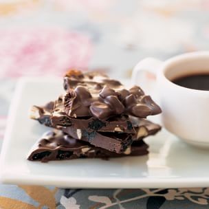 Dark chocolate bark with toasted almonds and dried blueberries
