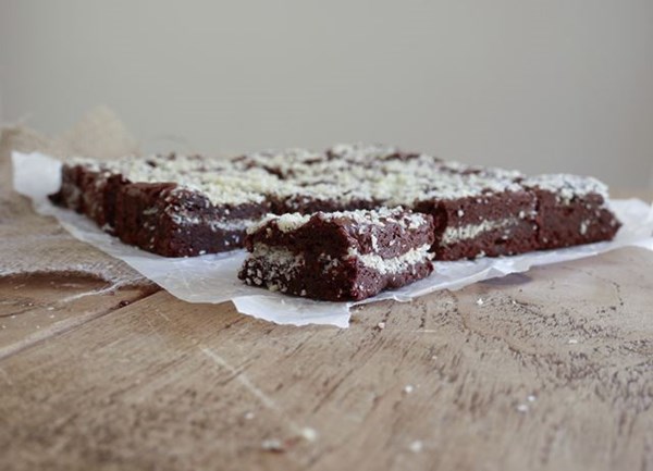 Dark chocolate brownies with olive oil and sea salt panko crunch 