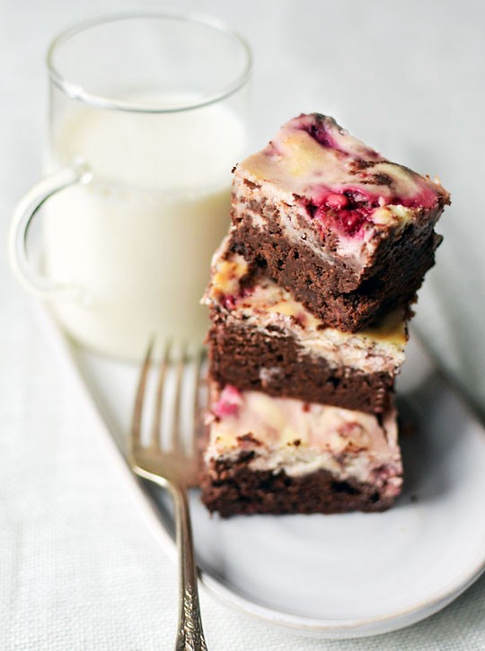 Dark chocolate brownies with raspberry goat cheese swirl