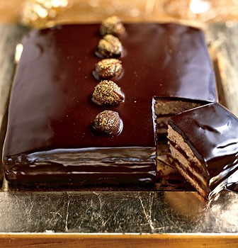 Dark chocolate-caramel cake with gold-dusted chestnuts