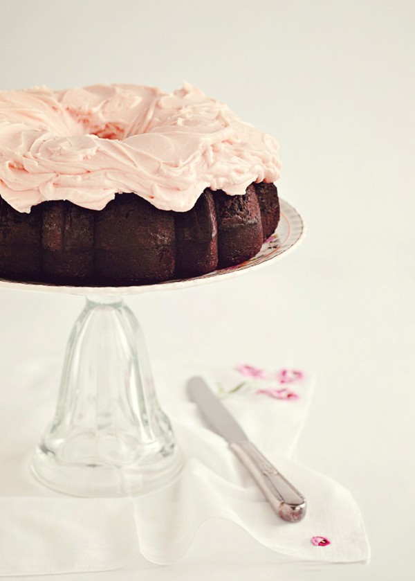 Dark chocolate chiffon cake with fluffy rosewater frosting