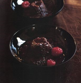 Dark chocolate couscous with raspberry caramel