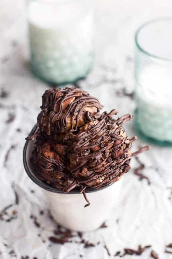 Dark chocolate covered coffee roasted almond, peanut butter and oatmeal bites
