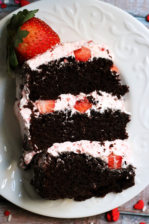 Dark chocolate covered strawberry layer cake
