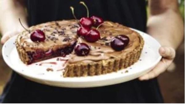 Dark chocolate, ginger and cherry tart
