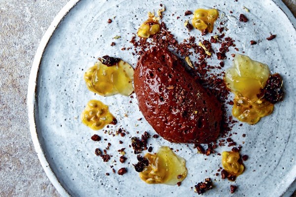  Dark chocolate mousse, cocoa nibs, passion fruit and chamomile